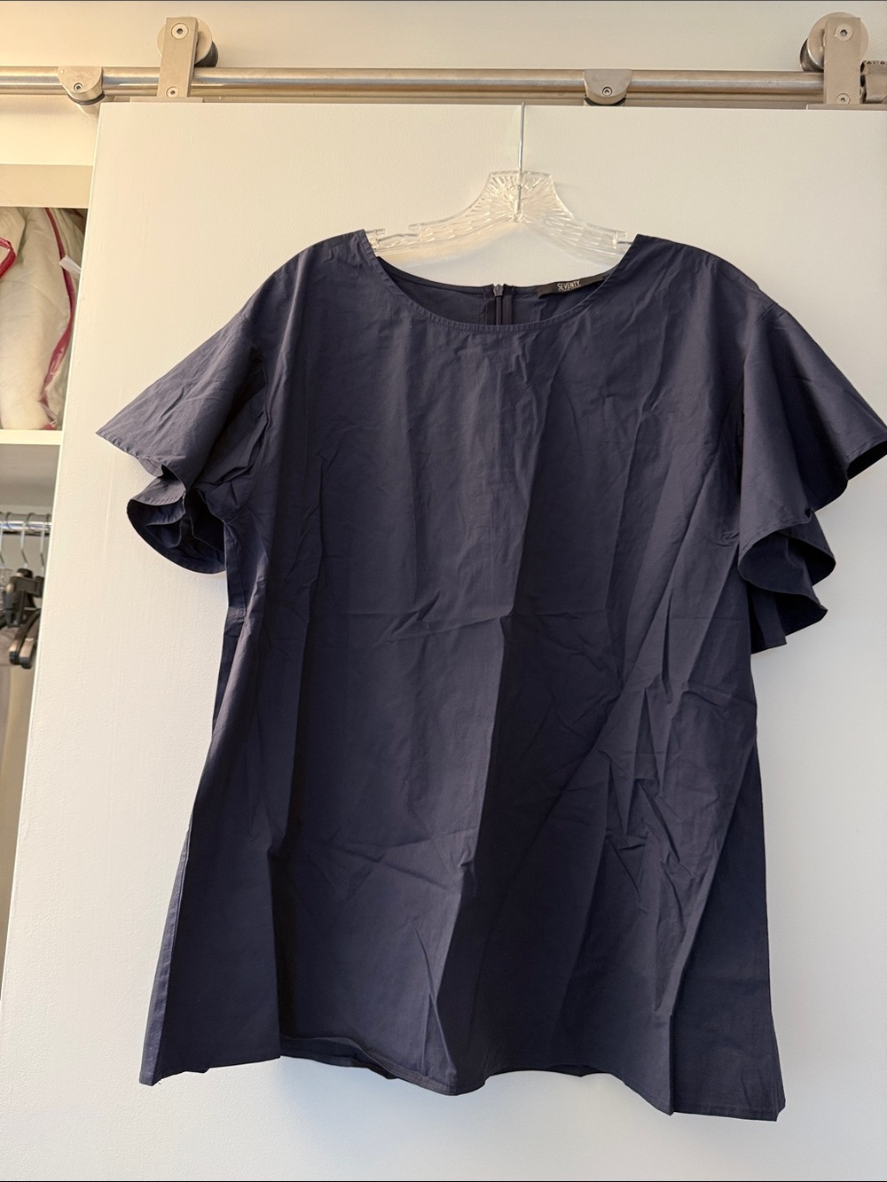 Navy Ruffle Sleeve Blouse - size L